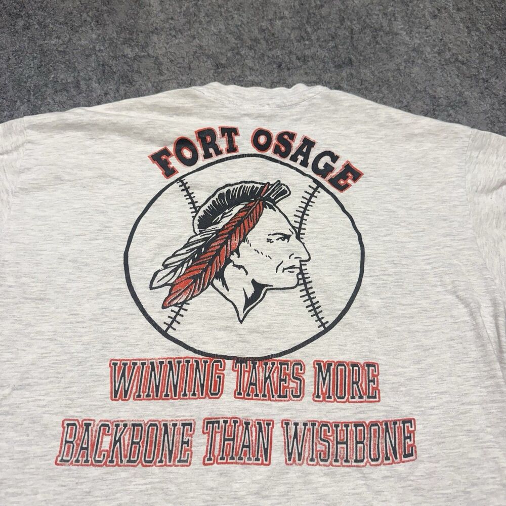VTG 90s Fort Osage Indians Baseball Shirt XL Chief Wahoo Double Sided Hanes USA